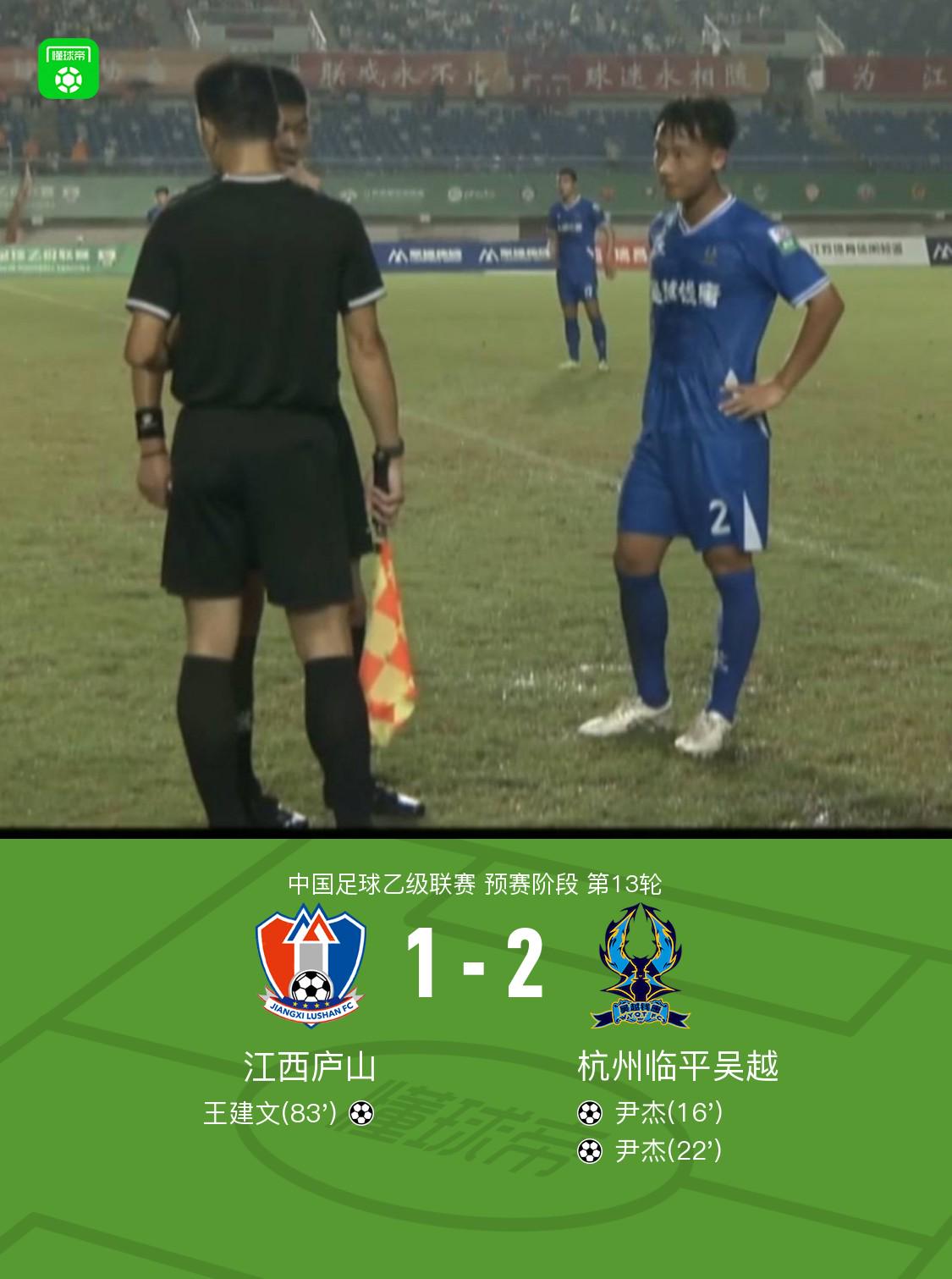江西庐山1-2杭州临平：王建文破门，尹杰双响助球队取胜